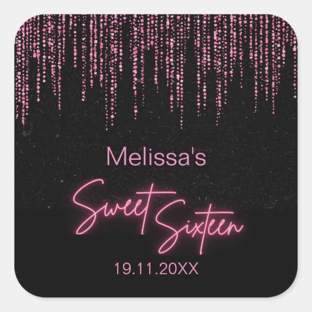Pink Glitter and Black Sweet 16 Birthday  Sticker (Front)