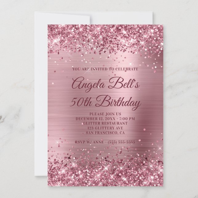 Pink Glitter and Brushed Foil 50th Birthday Invitation (Back)