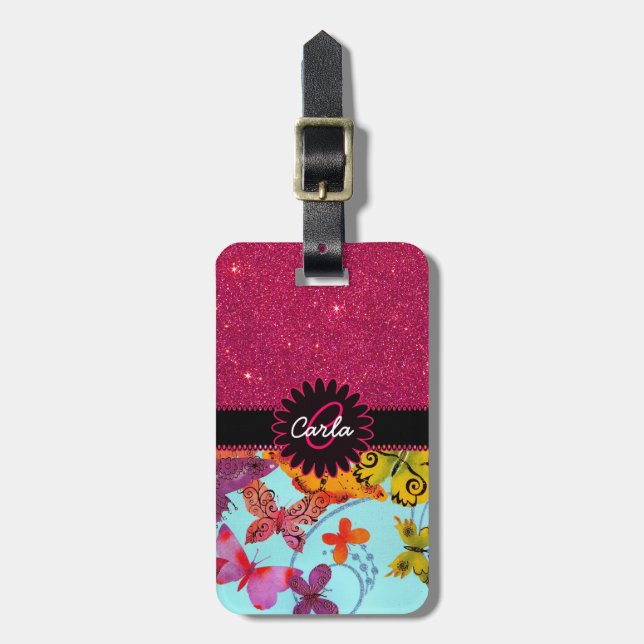 Pink Glitter and Colourful Butterfly Monogram Luggage Tag (Front Vertical)