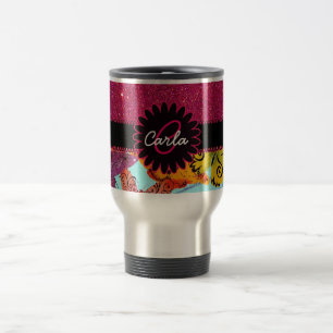 Pink Glitter and Colourful Butterfly Monogram Travel Mug