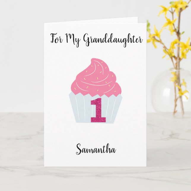 Pink Glitter and Cupcake 1st Birthday Card (Yellow Flower)