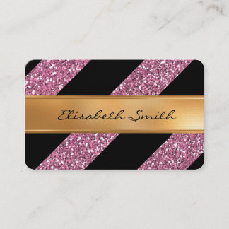 Pink Glitter and Diagonal Stripes, faux gold foil Business Card