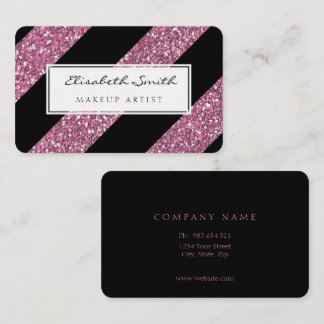 Pink Glitter and Diagonal Stripes, Makeup Artist Business Card