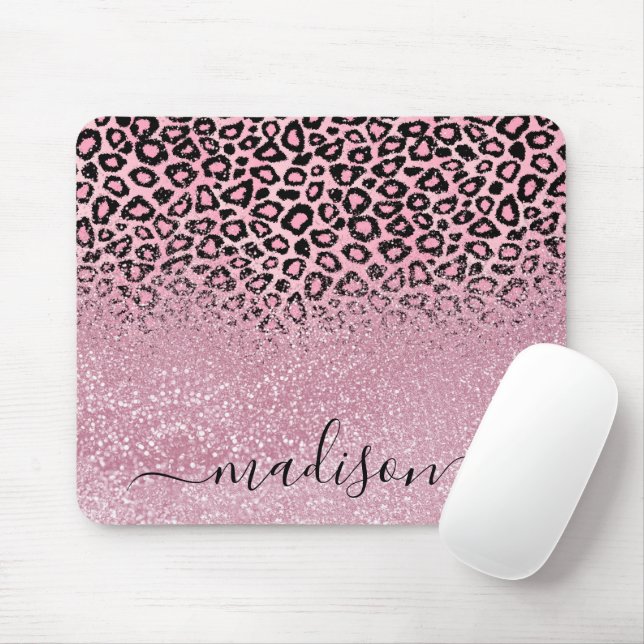 Pink Glitter and Leopard Pattern - Personalise Mouse Mat (With Mouse)