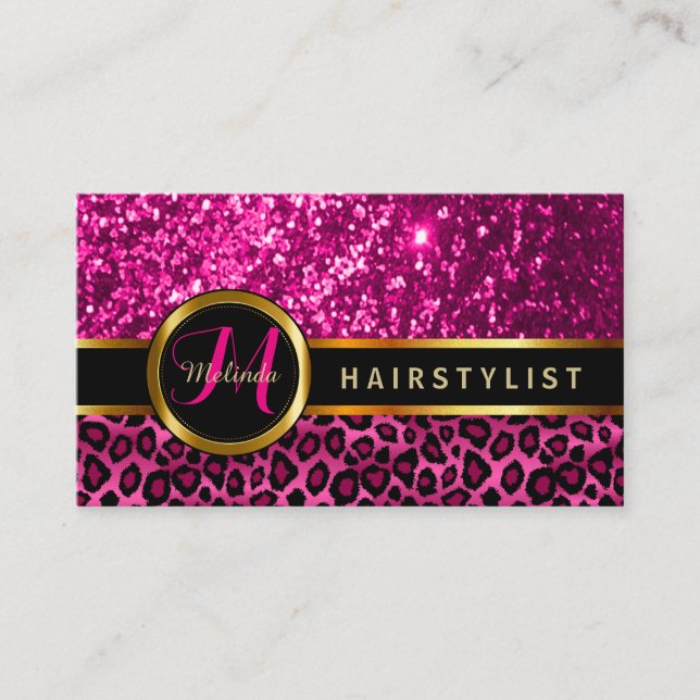 Pink Glitter and Leopard Skin - Hairstylist ⭐⭐⭐⭐⭐ Business Card (Front)