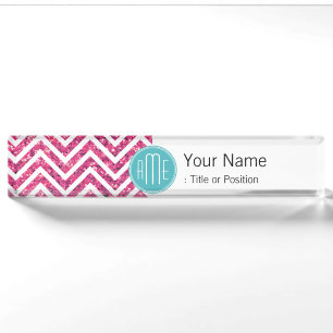 Pink Glitter and Mint Custom Monogram Nameplate