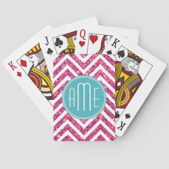 Pink Glitter and Mint Custom Monogram Playing Cards (Back)