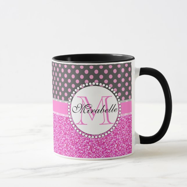 Pink Glitter and Pink Polka Dots on grey Named Mug (Right)