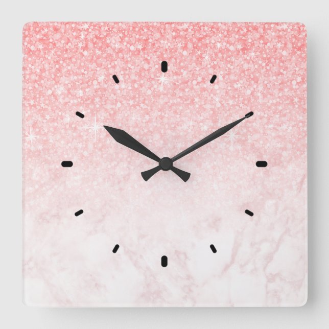 Pink glitter and rose-gold marble ombre square wall clock (Front)