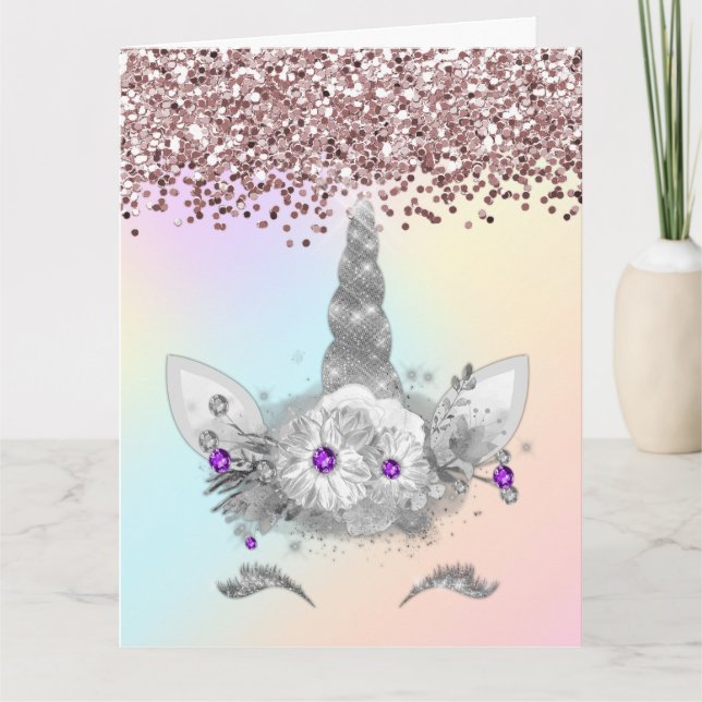 Pink Glitter and Silver Unicorn Card (Front)
