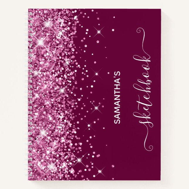 Pink Glitter and Wine Girly Sketchbook Notebook (Front)