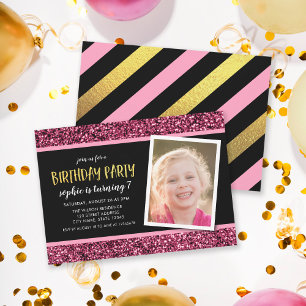 Pink Glitter Any Age Photo Birthday Invitation