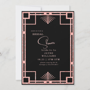 Pink Glitter Art Deco Frame Black Bridal Shower Invitation