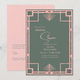 Pink Glitter Art Deco Frame Sage Bridal Shower Invitation