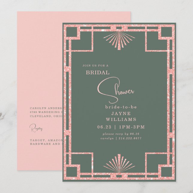 Pink Glitter Art Deco Frame Sage Bridal Shower Invitation (Front/Back)