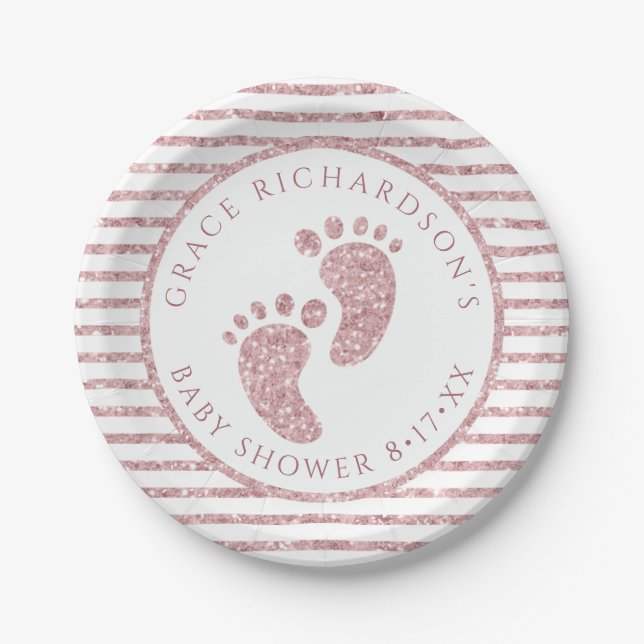 Pink Glitter Baby Feet Baby Shower Personalised  Paper Plate (Front)