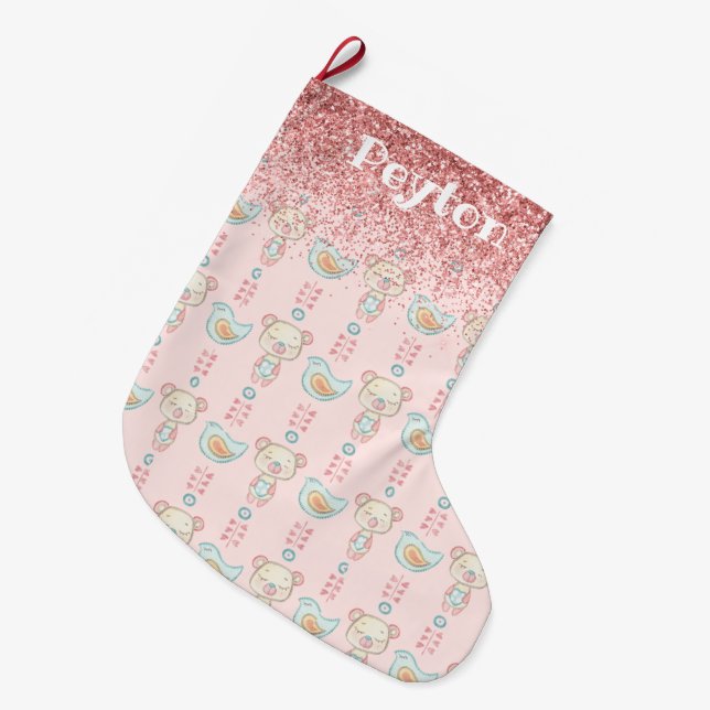 Pink Glitter Baby Girl Name Sparkles Modern Large Christmas Stocking (Front (Hanging))
