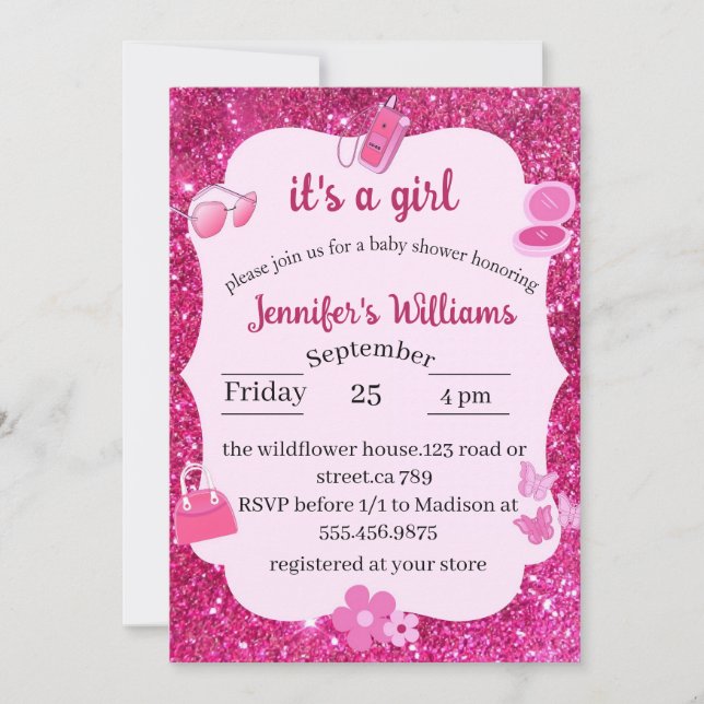 Pink Glitter baby girl shower Invitation (Front)