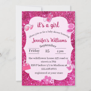 Pink Glitter baby girl shower Invitation