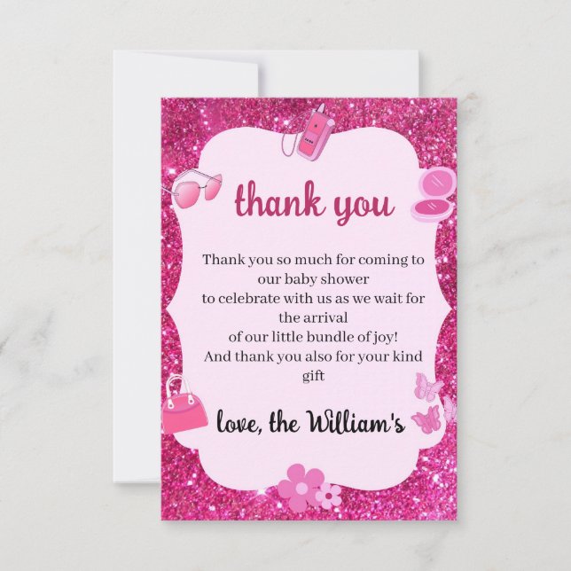 Pink Glitter baby girl shower Thank You Card (Front)