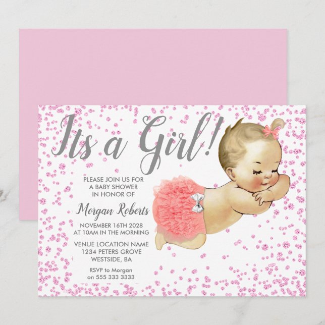 Pink Glitter Baby Its A Girl Baby Shower Invite (Front/Back)