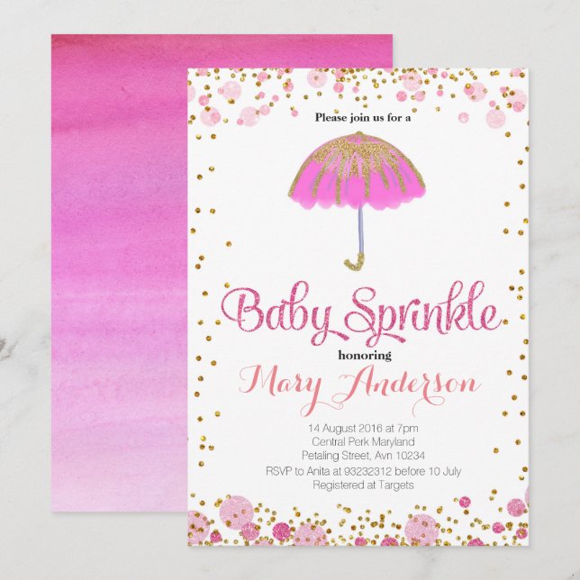 PINK GLITTER Baby Sprinkle Invitation umbrella (Front/Back)
