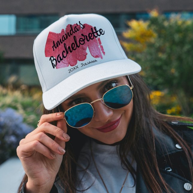 Pink Glitter Bachelorette Bridesmaid Script Trendy Trucker Hat (Creator Uploaded)