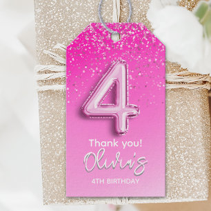 Pink Glitter Balloon 4th Birthday for Girls Gift Tags