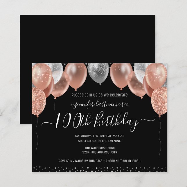 Pink Glitter Balloons 100th Birthday Party (Front/Back)