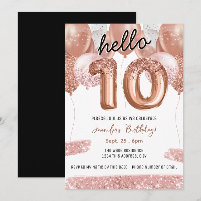 Pink Glitter Balloons 10th Birthday Party Invitation (Front/Back)
