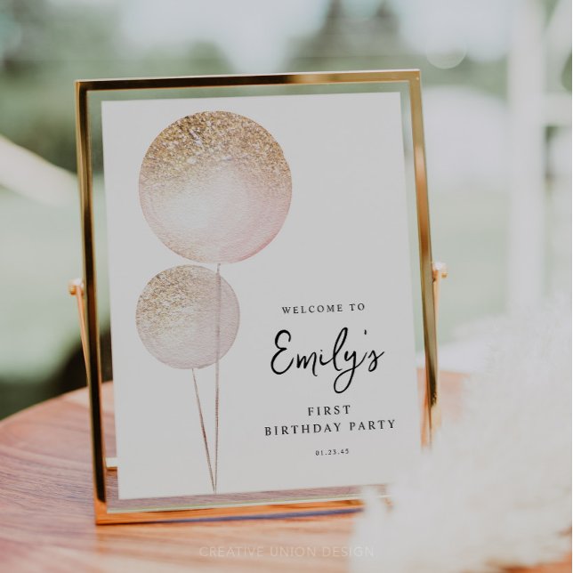 Pink Glitter Balloons 1st Birthday Budget Welcome (Minimal First Birthday)