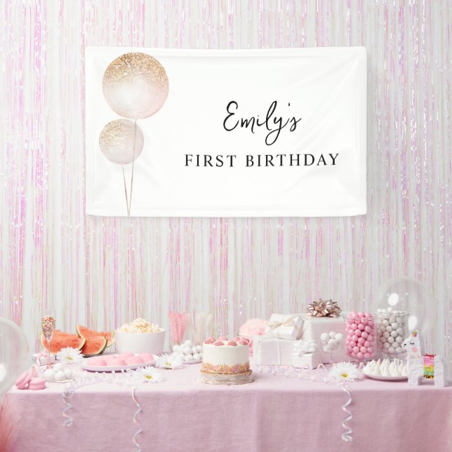 Pink Glitter Balloons 1st Birthday Party Décor Banner (Party)