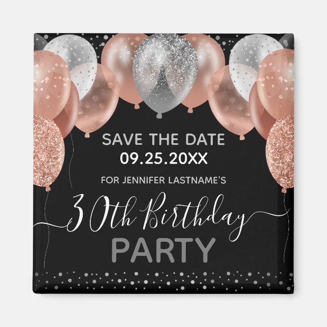 Pink Glitter Balloons 30th Birthday Save the Date Magnet (Front)