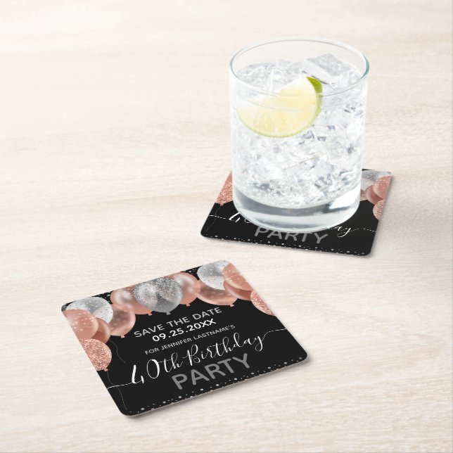 Pink Glitter Balloons 40th Birthday Save the Date Square Paper Coaster (Insitu)