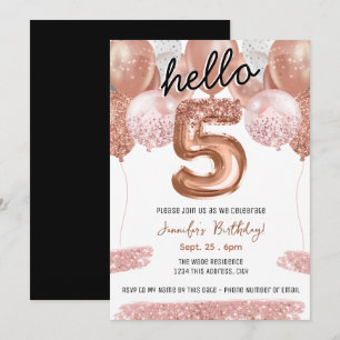 Pink Glitter Balloons 5th Birthday Party Invitation
