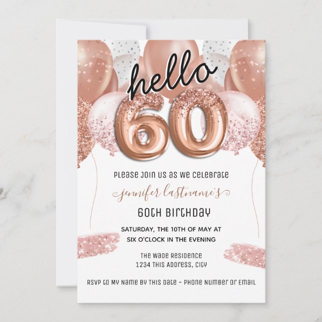 Pink Glitter Balloons 60th Birthday Party Invitation (Front)