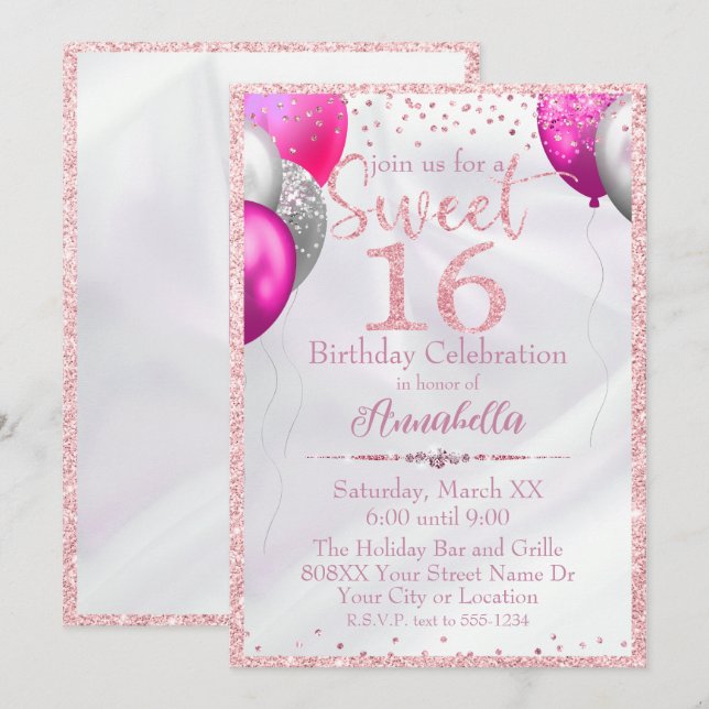 Pink Glitter Balloons on Satin Sweet 16 Birthday Invitation (Front/Back)