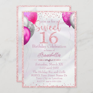 Pink Glitter Balloons on Satin Sweet 16 Birthday Invitation