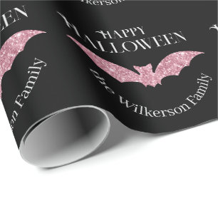 Pink Glitter Bat Happy Halloween Wrapping Paper