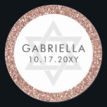 Pink Glitter Bat Mitzvah Rose Gold Classic Round Sticker<br><div class="desc">Chic rose gold glitter and grey modern text with the Star of David on a sticker designed for Bat Mitzvah invitations and favour labels,  with personalised name and party date. Coordinating stationery and decor available in the Paper Grape Rose Gold Pink Glitter Collections.</div>