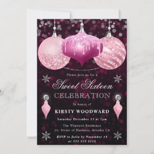 Pink Glitter Baubles Christmas Sweet 16 Invitation