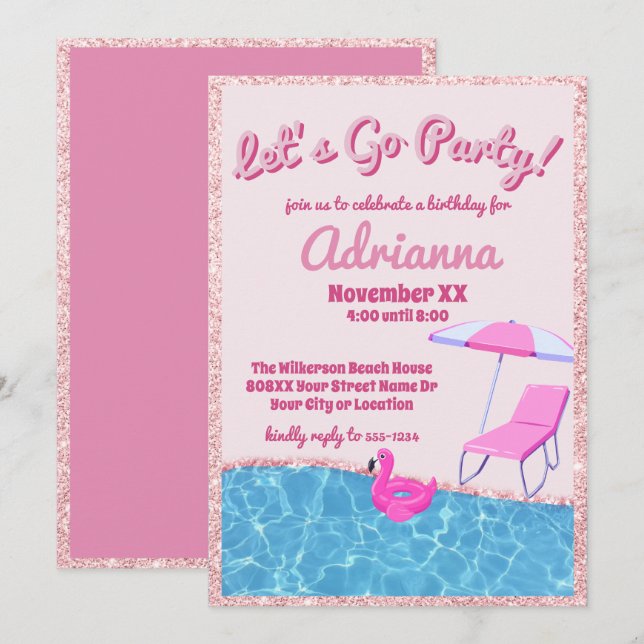 Pink Glitter Beach Party Invitation (Front/Back)