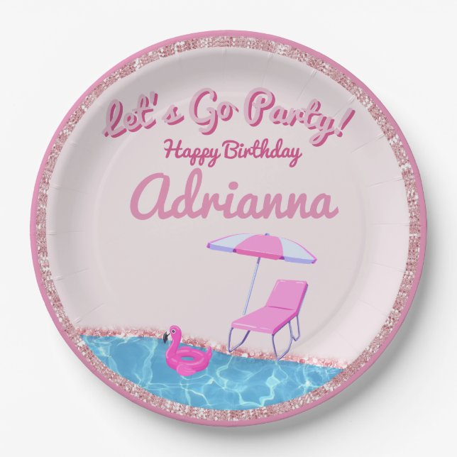 Pink Glitter Beach Party Paper Plate (Front)