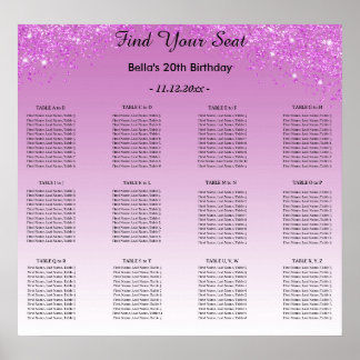 Pink Glitter Birthday Alphabetic Seating Plan Poster