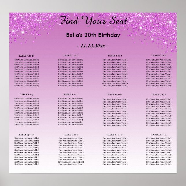 Pink Glitter Birthday Alphabetic Seating Plan Poster (Front)