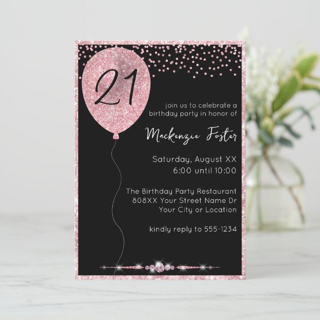 Pink Glitter Birthday Balloon & Diamonds on Black Invitation (Standing Front)