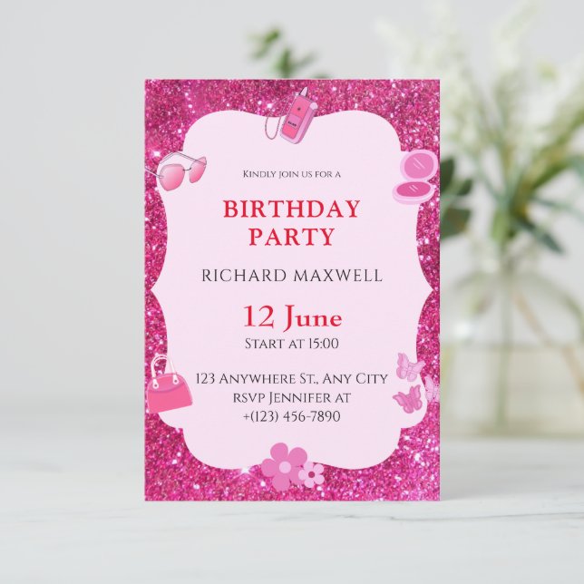 Pink Glitter Birthday Invitation (Standing Front)
