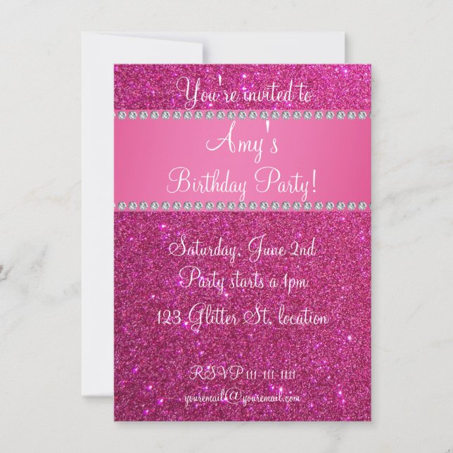 Pink glitter birthday invitation (Front)