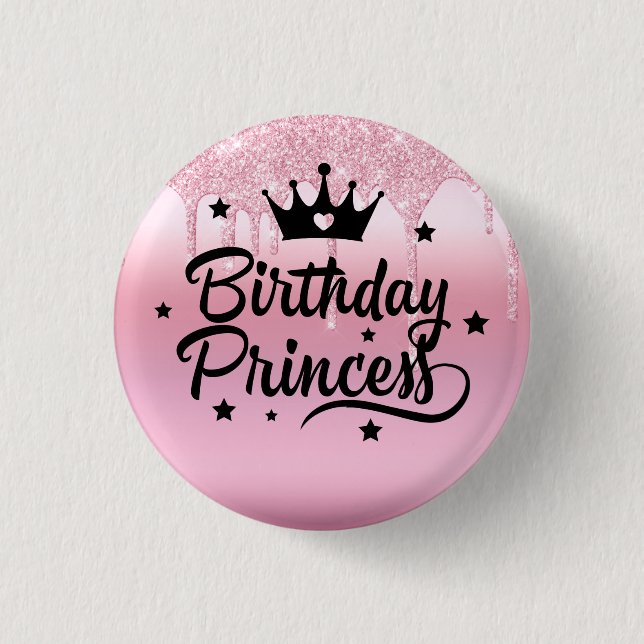 Pink Glitter "Birthday Princess"  3 Cm Round Badge (Front)
