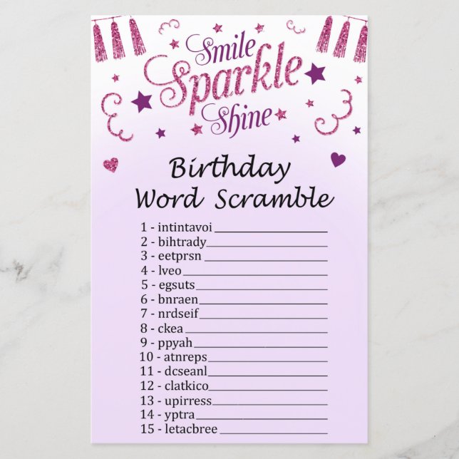 Pink glitter Birthday Word Scramble Game (Front)